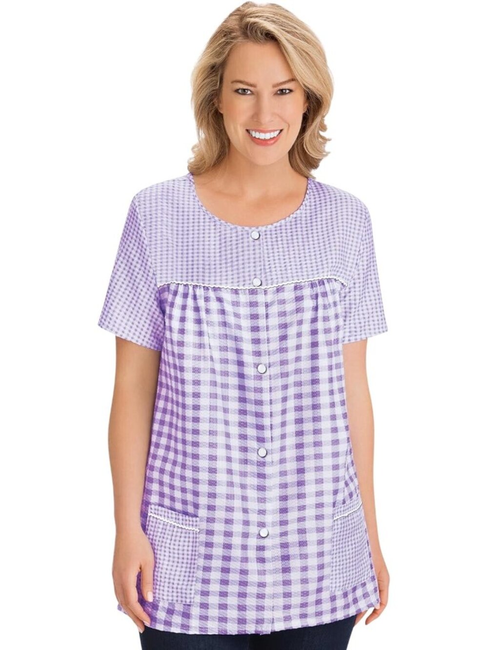 Cozee Corner Muumuu Top Plus Size 4X Gingham Seersucker Snap Front Purple White